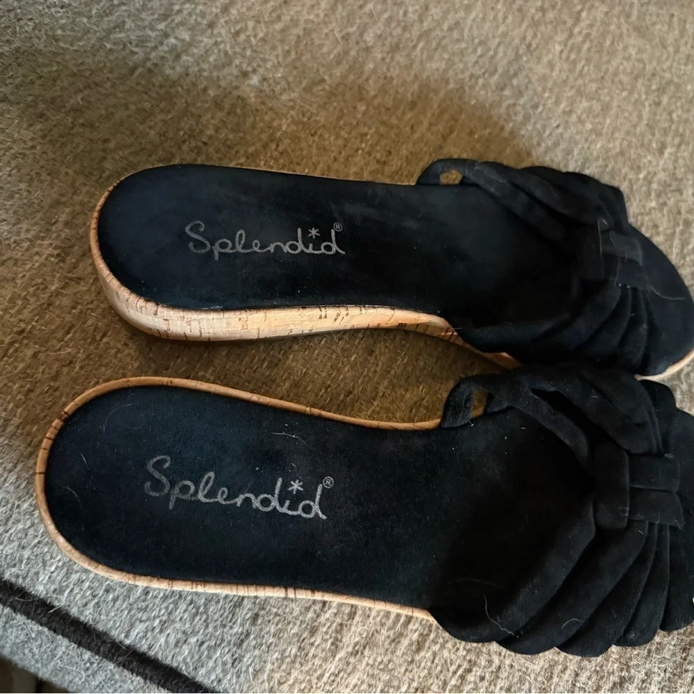 Splendid Black and Tan Slip-On Sandals with Woven Straps